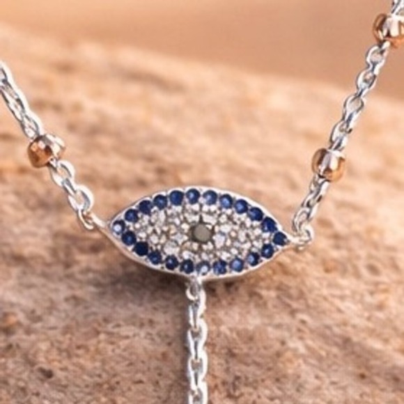Jewelry - Evil Eye Necklace Y-Drop Lariat Silver-Tone Blue CZ Adjustable Chain Protection